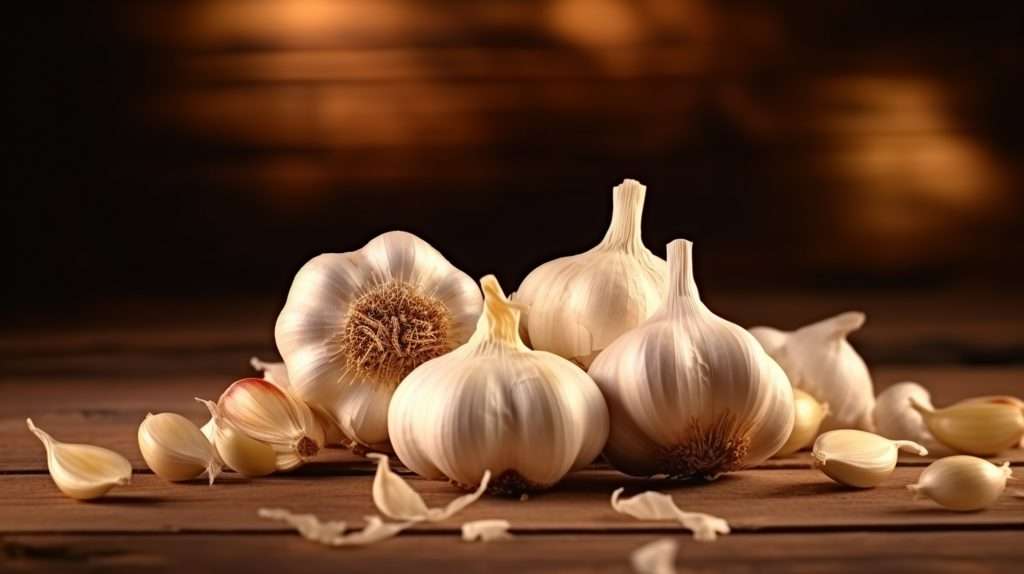 A few cloves of garlic on a wooden table