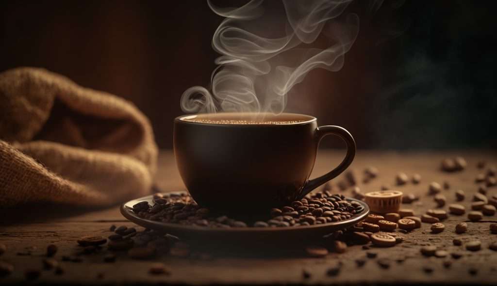 A cup of steaming coffee on a wooden table