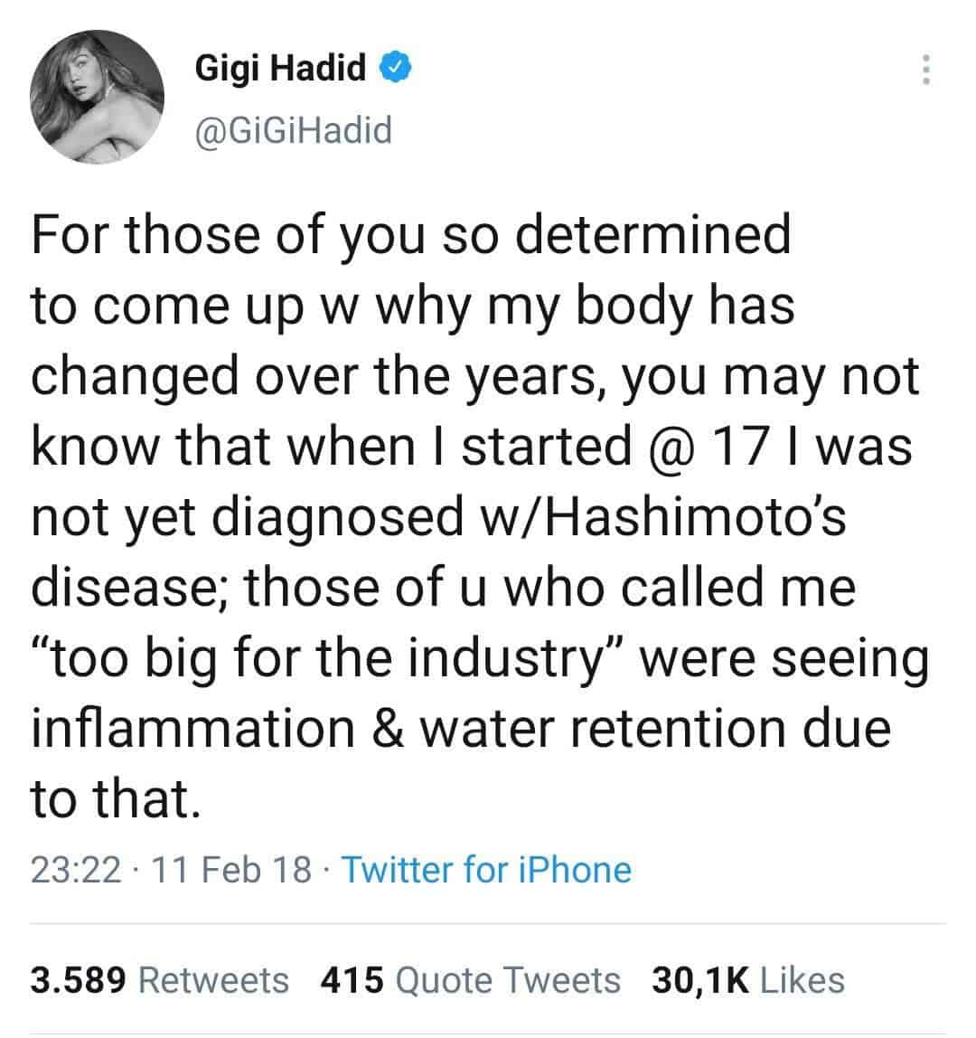 Gigi Hadid post on Twitter "I will not further explain the way mybody looks, just as anyone, with abody type that doesnt suit ur "beauty"expectation, shouldnt have to. Notto judge others, but drugs are not mything, stop putting me in that box justbecause u dont understand the waymy body has matured." 23:23 11 Feb 18