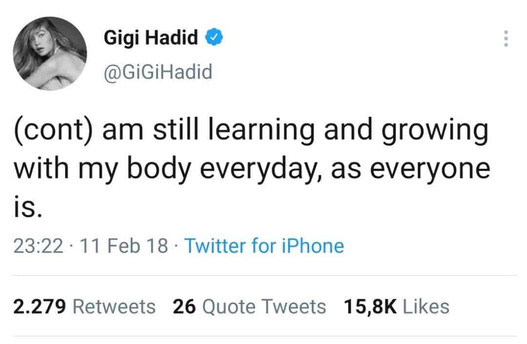 Gigi Hadid post on Twitter "(cont) am still learning and growingwith my body everyday, as everyone is." 23:22 11 Feb 18