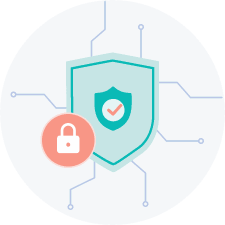 A digital illustration of a red and teal shield with a lock icon in the center, representing cybersecurity, connected to circuit lines on a light background.