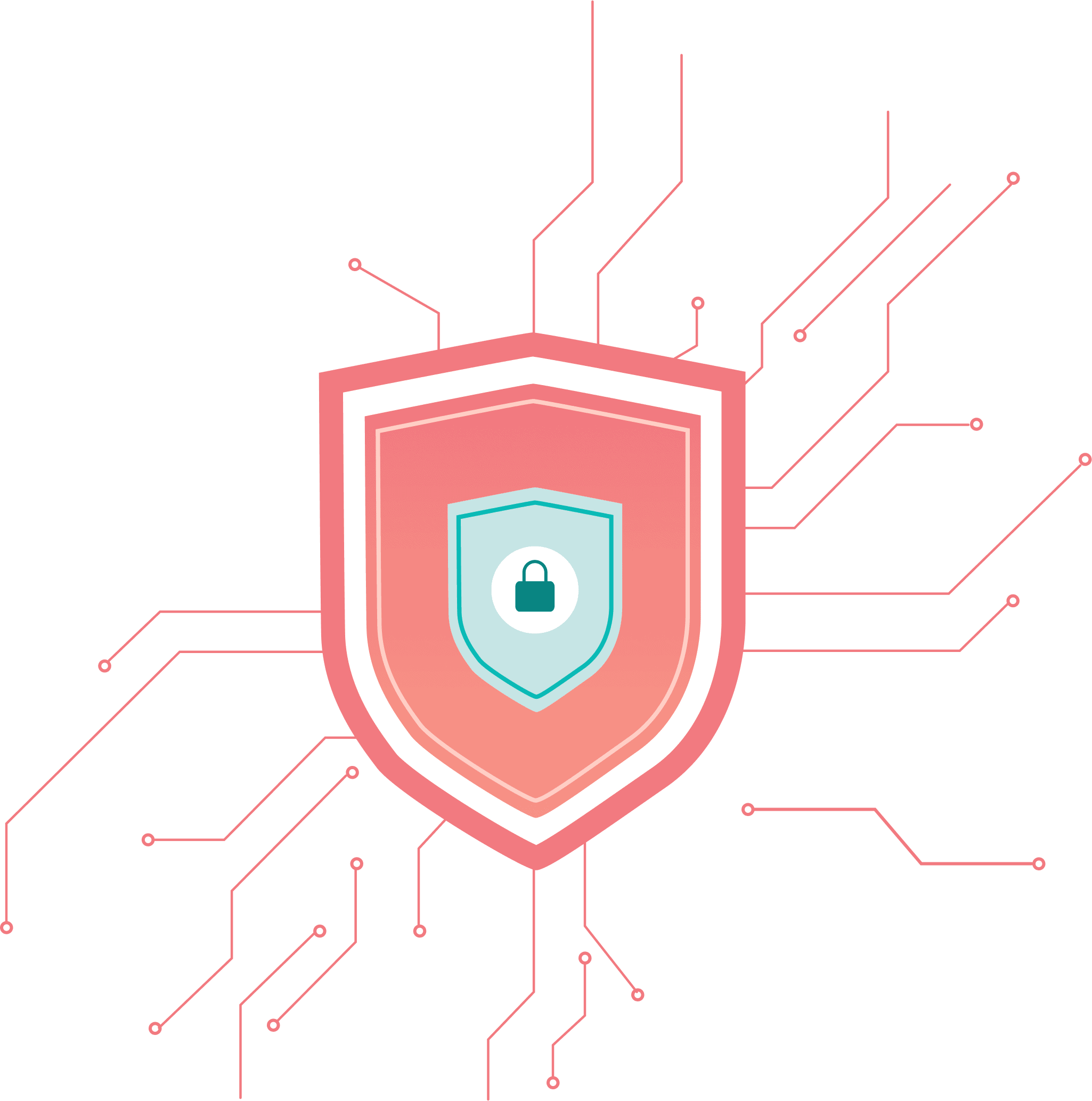 A digital illustration of a red and teal shield with a lock icon in the center, representing cybersecurity, connected to circuit lines on a light background.